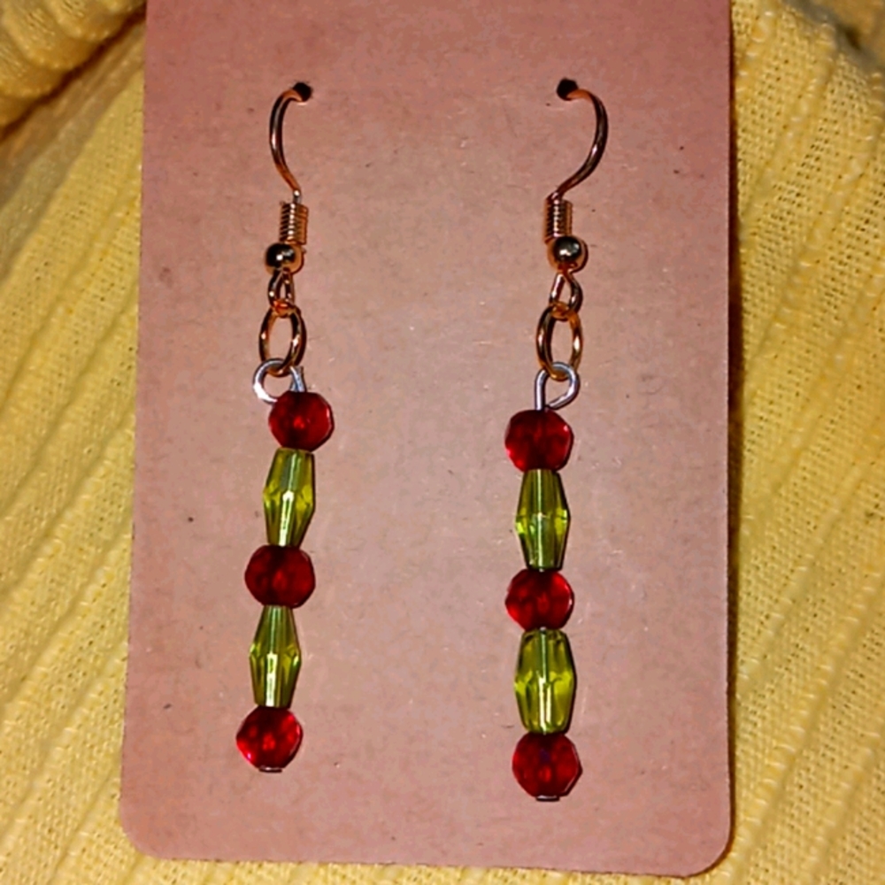 Hand Crafted red and lime green crystal beaded statement earrings